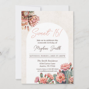 Sweet 16 Cactus Boho Pampas Boog Verjaardag Uitnod Kaart