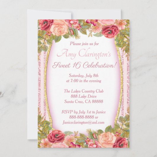 Sweet 16 Card Pink Floral Gold Glitter Kaart (Voorkant)