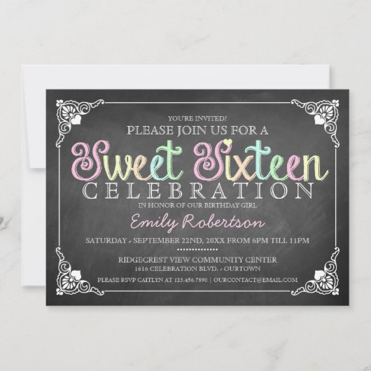 Sweet 16  Chalkboard Party Invitation Kaart (Voorkant)