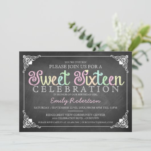 Sweet 16  Chalkboard Party Invitation Kaart (Staand voorkant)