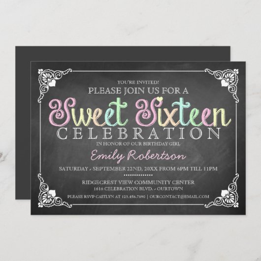 Sweet 16 Chalkboard Party Invitation Kaart (Voorkant / Achterkant)
