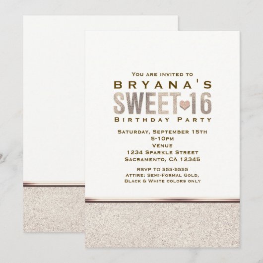SWEET 16 Champagne Sparkle Glam Party Uitnodiginge Kaart (Voorkant / Achterkant)