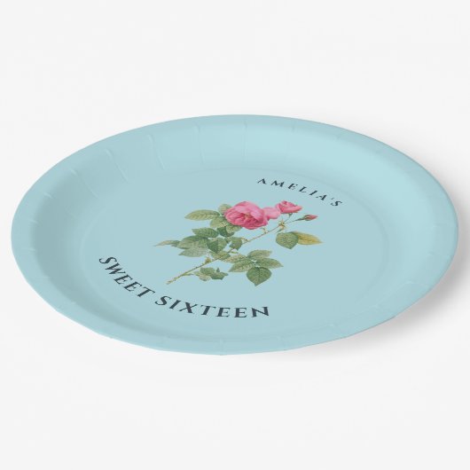 Sweet 16 Charmant  Bloemen Pastel Blauw Papieren Bordje (Gekanteld)