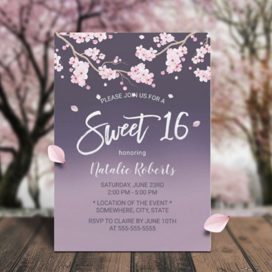 Sweet 16 Cherry Blossom Flowers Elegant Paars Kaart