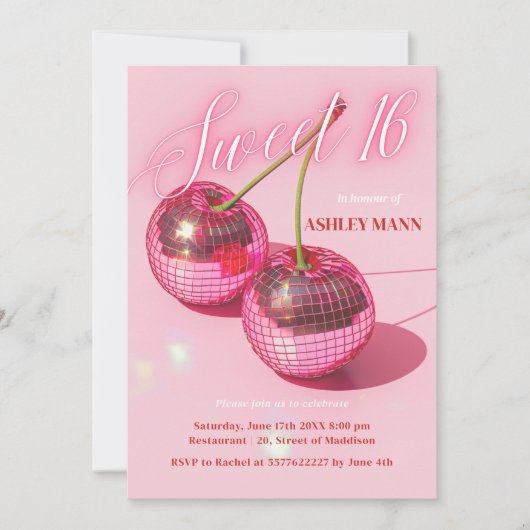 Sweet 16 Cherry Pink Discoball Verjaardagsuitnodig Kaart (Voorkant)