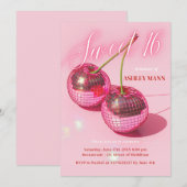 Sweet 16 Cherry Pink Discoball Verjaardagsuitnodig Kaart (Voorkant / Achterkant)