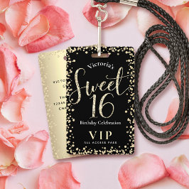 Sweet 16 Chic Black Gold Glitter Birthday VIP Pass Badge