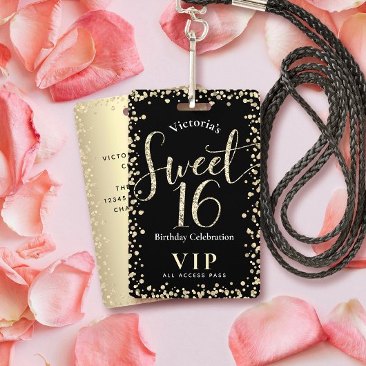 Sweet 16 Chic Black Gold Glitter Birthday VIP Pass Badge