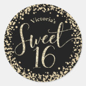 Sweet 16 Chic Black Gold Glitter Confetti Birthday Ronde Sticker (Voorkant)