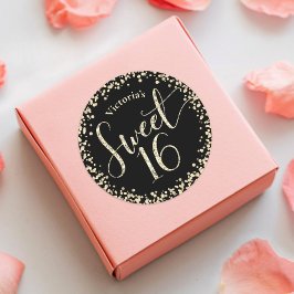Sweet 16 Chic Black Gold Glitter Confetti Birthday Ronde Sticker