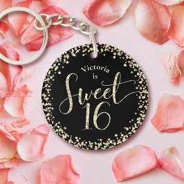 Sweet 16 Chic Black Gold Glitter Confetti Birthday Sleutelhanger