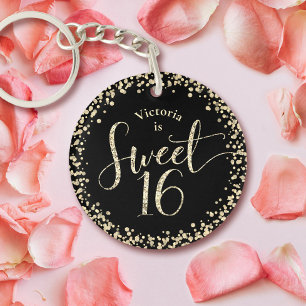 Sweet 16 Chic Black Gold Glitter Confetti Birthday Sleutelhanger