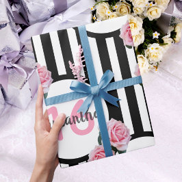Sweet 16 chique roze rozen zwart wit strepen cadeaupapier