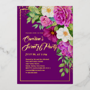 Sweet 16 Colorful Floral Waterverf Paars Gold Folie Uitnodiging