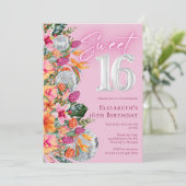 Sweet 16 Colorful Tropical Flowers Disco Birthday Kaart (Staand voorkant)