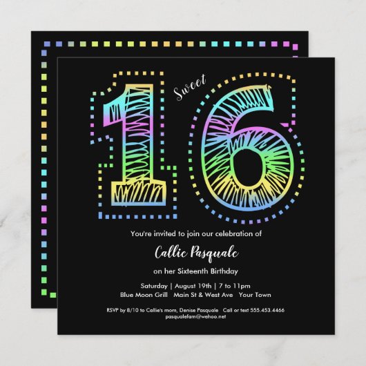 Sweet 16 Cool op Black Birthday Party Uitnodiging (Voorkant / Achterkant)