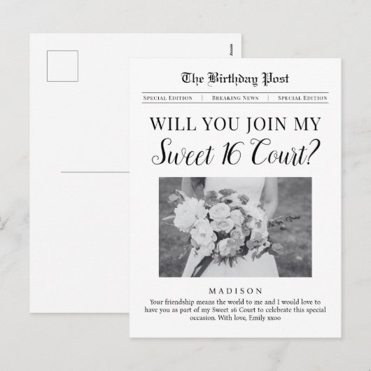 Sweet 16 Court Proposal Newspaper Briefkaart (Voorkant / Achterkant)