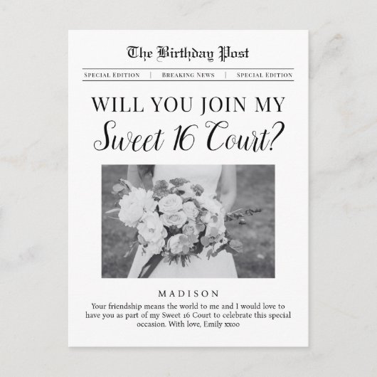 Sweet 16 Court Proposal Newspaper Briefkaart (Voorkant)