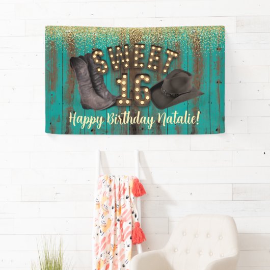 Sweet 16 Cowgirl Blauwgroen Barn Wood Rustic Birth Spandoek (Insitu)