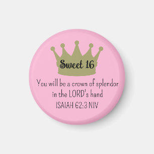 Sweet 16 Crown Bible Verse Donker Roze en Goud Magneet