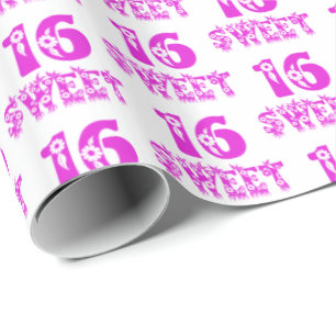 Sweet 16 Cute Floral Hot Pink Typografie Cadeaupapier