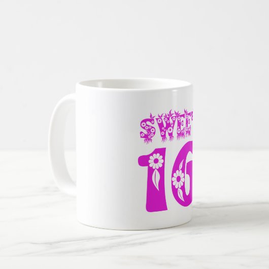 Sweet 16 Cute Floral Typography Hot Pink Text Koffiemok (Voorkant links)