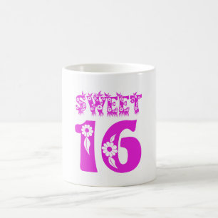 Sweet 16 Cute Floral Typography Hot Pink Text Koffiemok