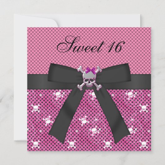 Sweet 16 Cute Skulls & Polka Dots Pink Invites Kaart (Voorkant)