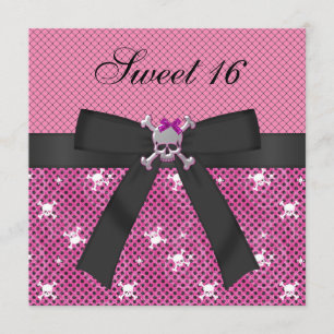 Sweet 16 Cute Skulls & Polka Dots Pink Invites Kaart