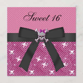Sweet 16 Cute Skulls & Polka Dots Pink Invites Kaart