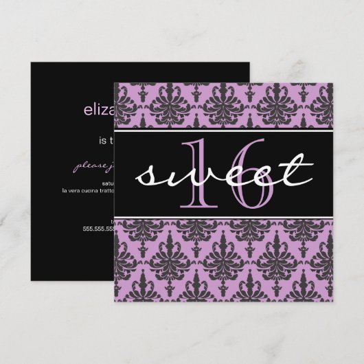 Sweet 16 Damask Birthday Party Invitation Kaart (Voorkant / Achterkant)