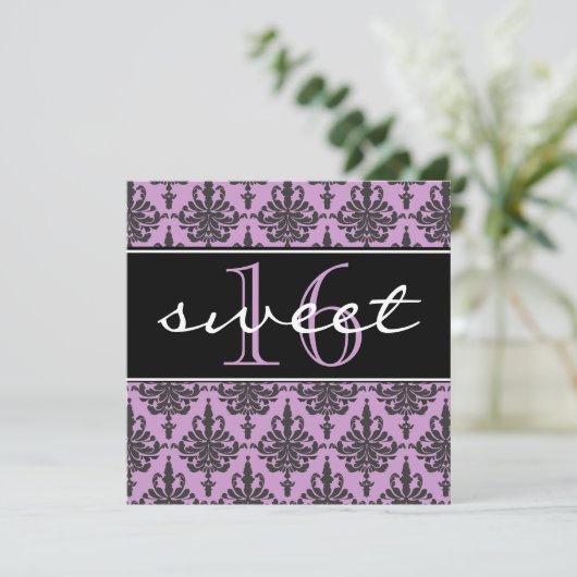 Sweet 16 Damask Birthday Party Invitation Kaart (Staand voorkant)