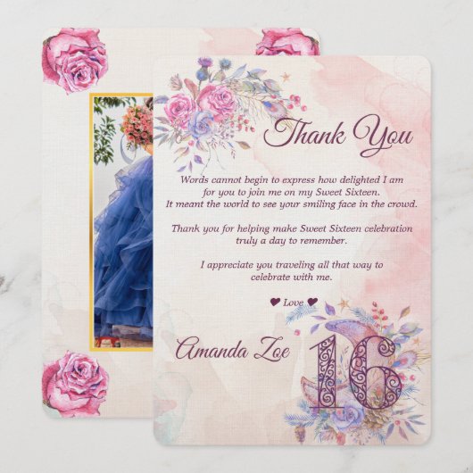 Sweet 16 Dank je kaart (Voorkant / Achterkant)