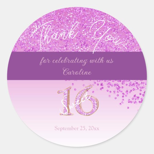 Sweet 16 Dank je roze glitter Ronde Sticker (Voorkant)