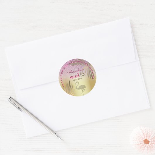 Sweet 16 Dank u Flamingo Pink en Gold Ronde Sticker (Envelop)