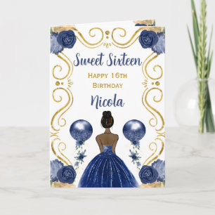 Sweet 16 Dark Skin Princess Navy Happy Birthday Kaart