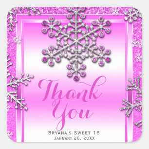 SWEET 16 Deel Roze Glitter Glam Winter Sneeuwvlokk Vierkante Sticker