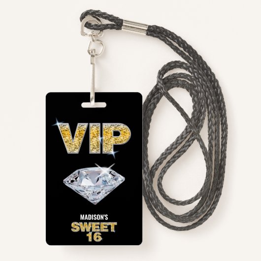 Sweet 16 Diamond Black Gold VIP Pass Badge (Voorkant met draagriem)