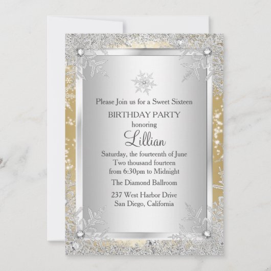 Sweet 16 Diamond Snowflake Gold Winter Wonderland Kaart (Achterkant)