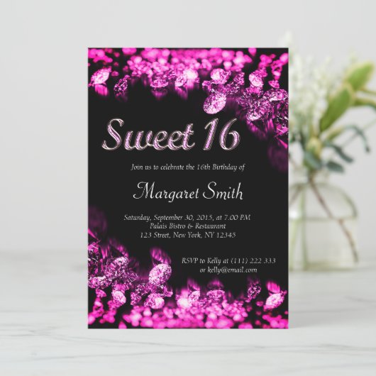 Sweet 16 Diamonds Roze uitnodiging (Staand voorkant)