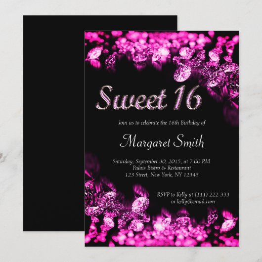 Sweet 16 Diamonds Roze uitnodiging (Voorkant / Achterkant)