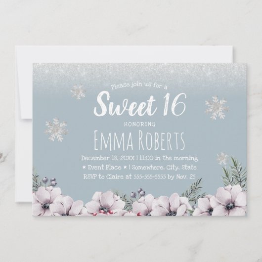 Sweet 16 Dusty Blue Winter Floral Snowflakes Kaart (Voorkant)