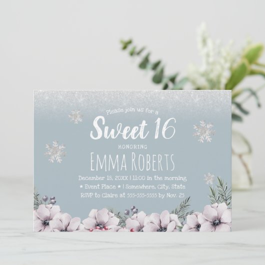 Sweet 16 Dusty Blue Winter Floral Snowflakes Kaart (Staand voorkant)