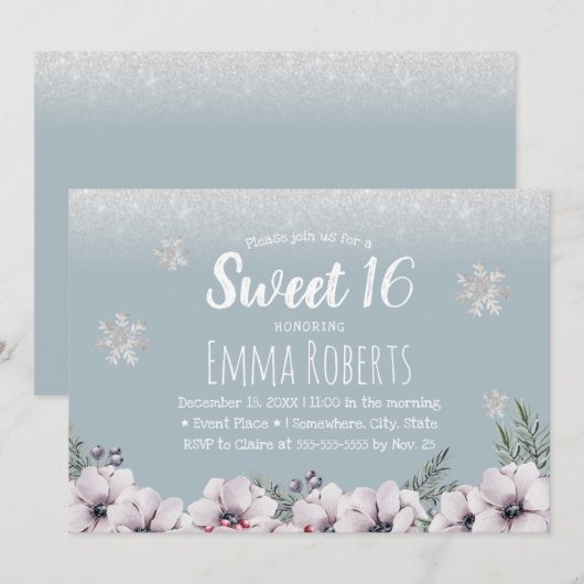 Sweet 16 Dusty Blue Winter Floral Snowflakes Kaart (Voorkant / Achterkant)