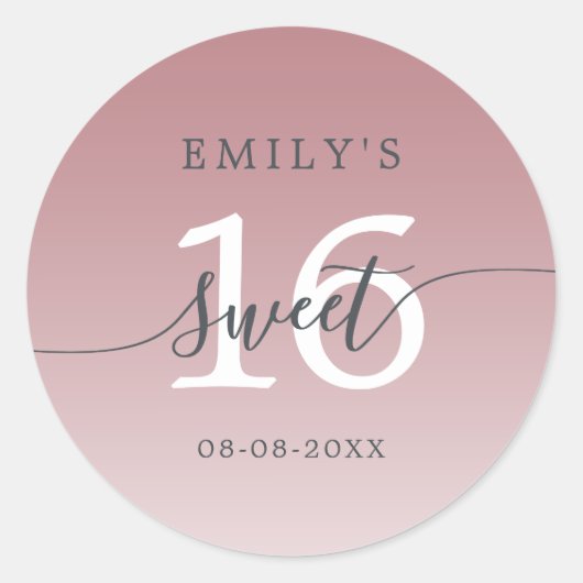 Sweet 16 Dusty Paarse Ombre Aangepaste naam Datum Ronde Sticker (Voorkant)