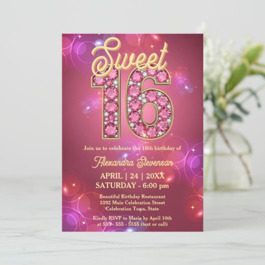 Sweet 16 Edelsteen Sparkle Roze en Paarse Bokeh Kaart (Staand voorkant)