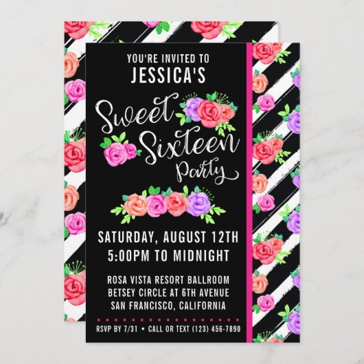 Sweet 16 Edgy Rozen & Modern Stripes Invitation Kaart (Voorkant / Achterkant)