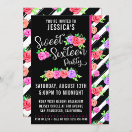 Sweet 16 Edgy Rozen & Modern Stripes Invitation Kaart