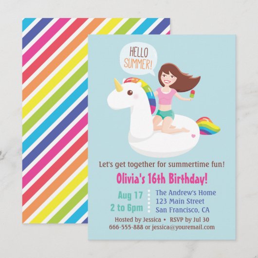 Sweet 16 Eenhoorn Zwembad Float Zomer Verjaardagsf Kaart (Voorkant / Achterkant)