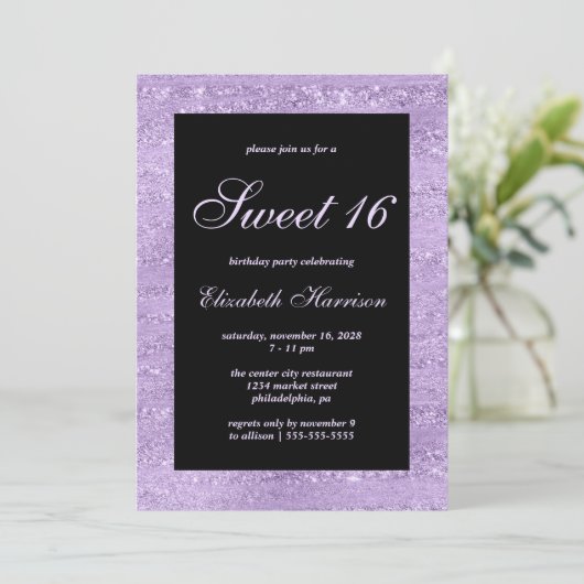 Sweet 16 Elegant Paars Shimmer Birthday Party Kaart (Staand voorkant)